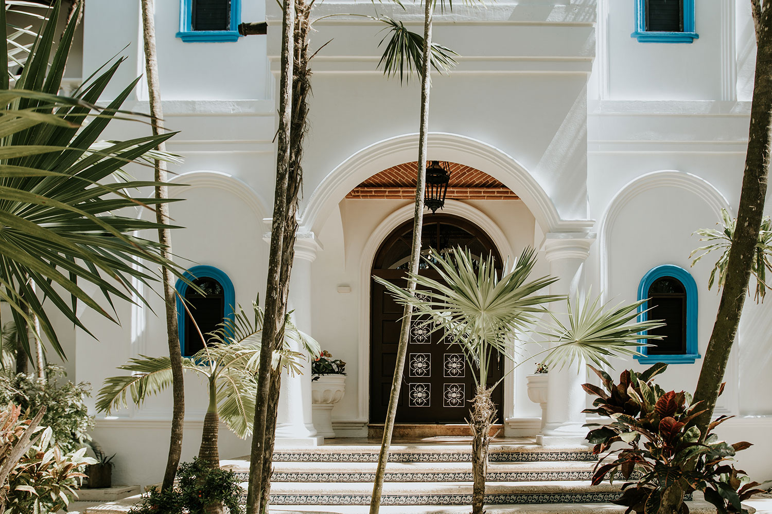 Luxury villa front view with trees