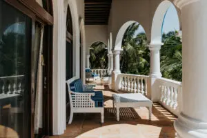 Balcony with two chairs, and table