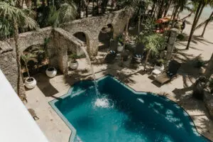 areal view of a swimming pool being filled