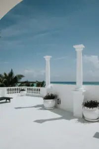 terrace of a villa with two plants