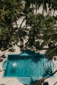 aerial view of a pool and trees in a villa