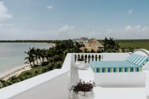 a bed on the terrace of a villa for relaxing