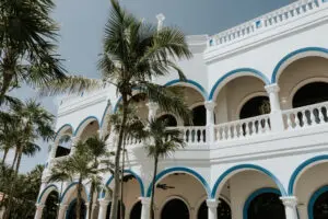 Close view of a beach villa with trees