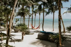 a beach area with sofas, swing, and trees around