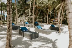 a six beds arranged at beach side