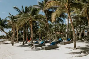 a beach side with beds for relaxing