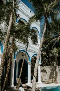 a villa with coconut trees and swimming pool