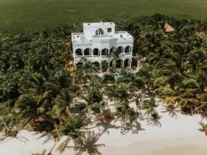 View of a beach villa surrounded by coconut trees