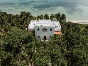 aerial front view of a beach villa with trees