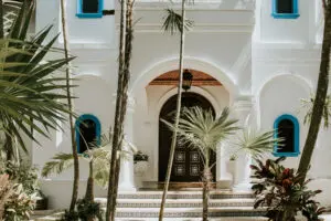 Front view of a villa with plants